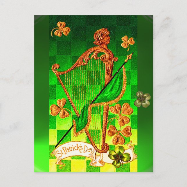 IRISH HARP, GREEN GOLD SHAMROCKS St Patrick's Day Postcard (Front)
