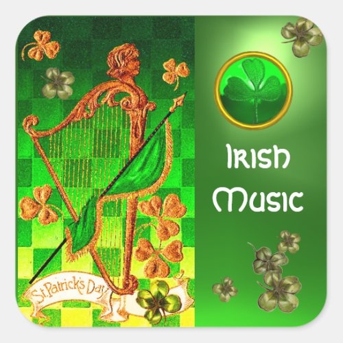IRISH HARP GREEN GOLD SHAMROCKS St Patricks Day Square Sticker