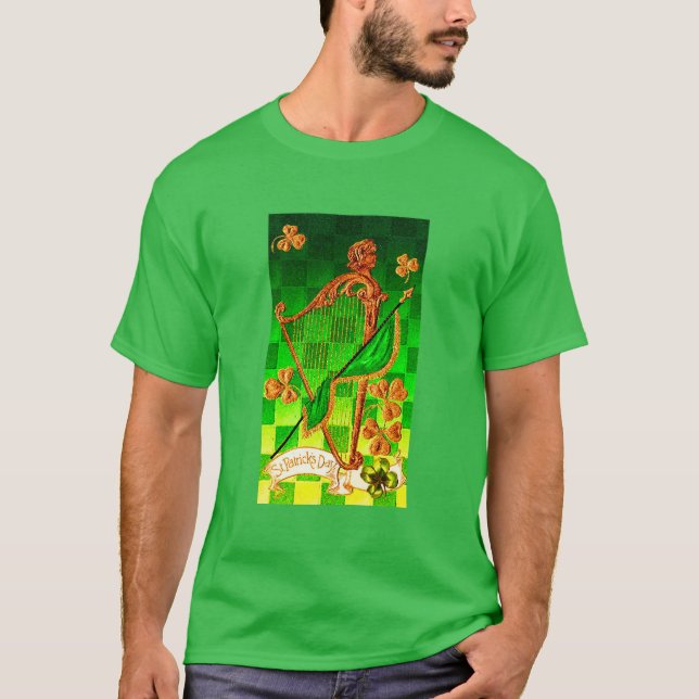 IRISH HARP, GREEN GOLD SHAMROCKS St Patrick's Day T-Shirt (Front)