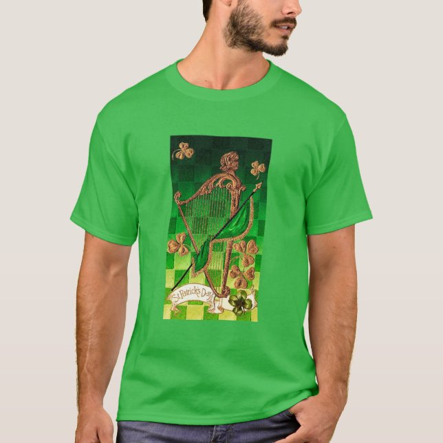 IRISH HARP, GREEN GOLD SHAMROCKS St Patrick's Day T-Shirt (Front)