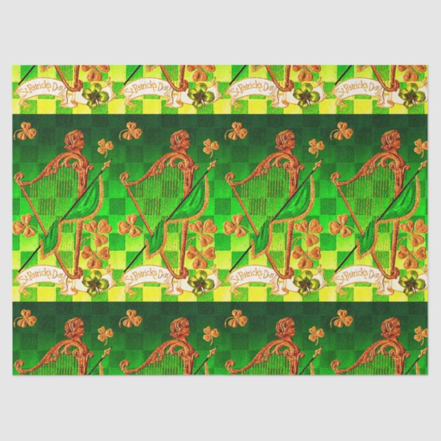 IRISH HARP, GREEN GOLD SHAMROCKS St Patrick's Day Tissue Paper (Front)
