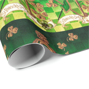 IRISH HARP, GREEN GOLD SHAMROCKS St Patrick's Day Wrapping Paper