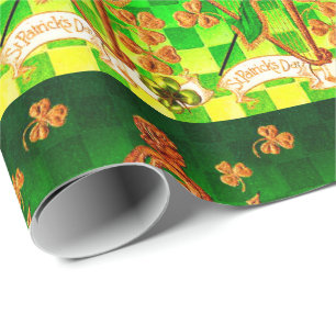 IRISH HARP, GREEN GOLD SHAMROCKS St Patrick's Day Wrapping Paper