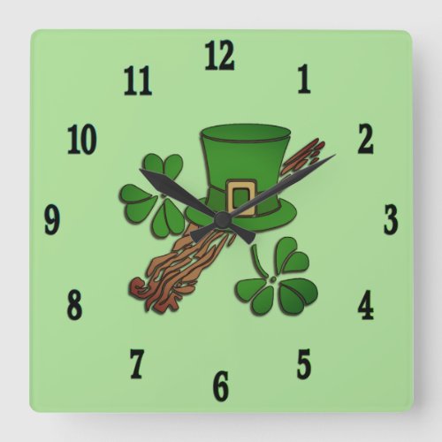 Irish Hat and Shamrocks Black Numbers Square Wall Clock