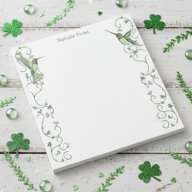 Irish Hummingbird Clover Vine Notepad (Elegant Irish Notepads. Ireland Hummingbird Green Clover Pattern with Name for St Patrick's Day)
