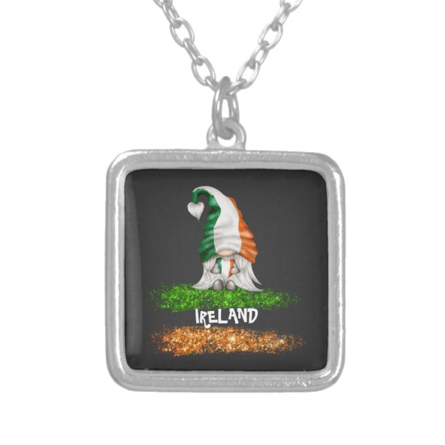 *~* IRISH IRELAND GNOME Abstract Flag Silver Plated Necklace (Front)