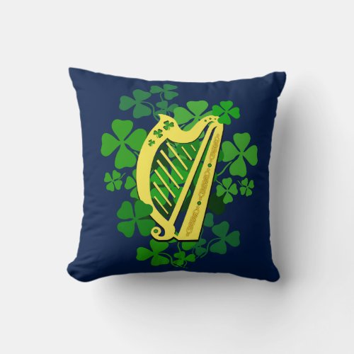 IrishIreland green Shamrock Irish Harp blue Throw Pillow