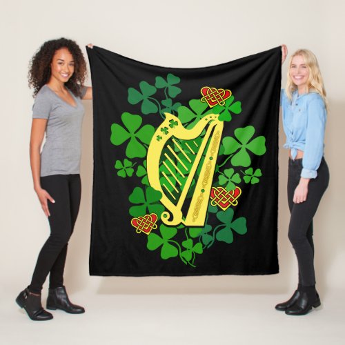 IrishIreland Shamrock Harp Celtic heart black Fleece Blanket