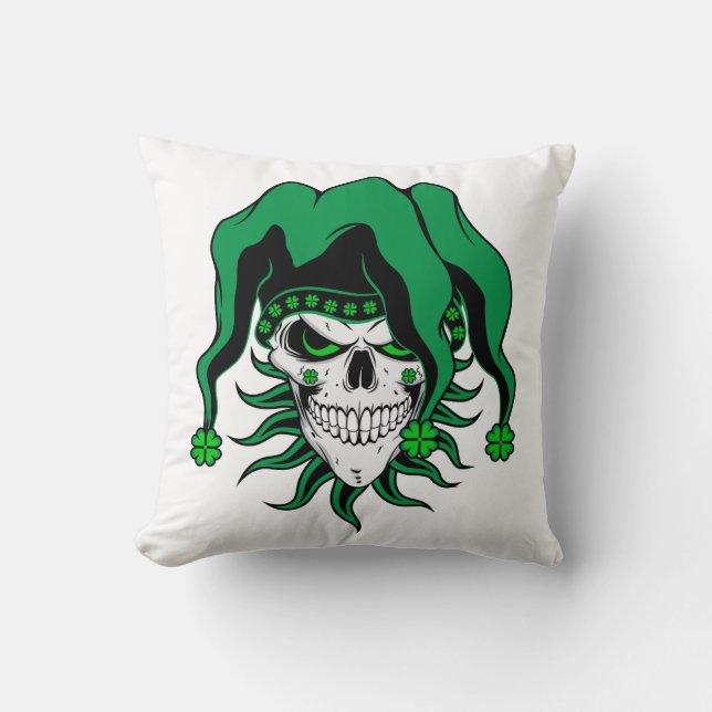 Irish Jester Skull Throw Pillow (Front)