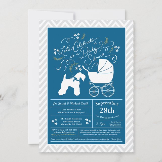 Irish Kerry Blue Terrier Dog Baby Shower Blue Boy Invitation (Front)