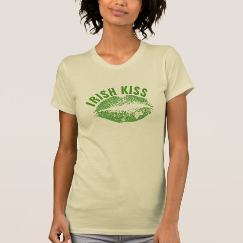 Irish Kiss Text  Green Lips  White Clover T_Shirt