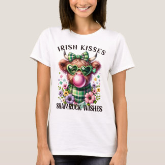 Irish Kisses Shamrock Wishes Highland Cow T-Shirt