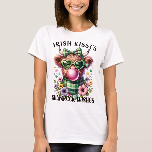 Irish Kisses Shamrock Wishes Highland Cow T-Shirt (Front)