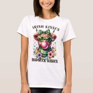 Irish Kisses Shamrock Wishes Highland Cow T-Shirt