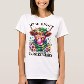 Irish Kisses Shamrock Wishes Highland Cow T-Shirt