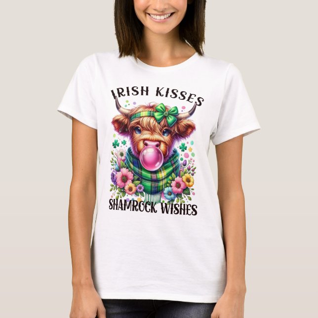 Irish Kisses Shamrock Wishes Highland Cow T-Shirt (Front)