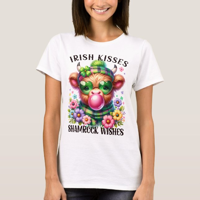 Irish Kisses Shamrock Wishes HighlandCow Bubblegum T-Shirt (Front)