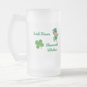 Irish Kisses, Shamrock Wishes with a shamrock on a Frosted Glass Beer Mug