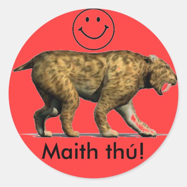 Irish language reward sticker Saber tooth cat (Front)