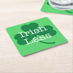 Irish Lass Green Shamrock St. Patrick's Day Party Square Paper Coaster