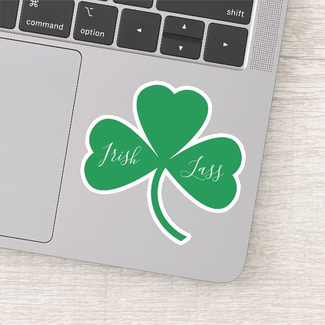 Irish Lass Script on Green Shamrock Sticker (Detail)