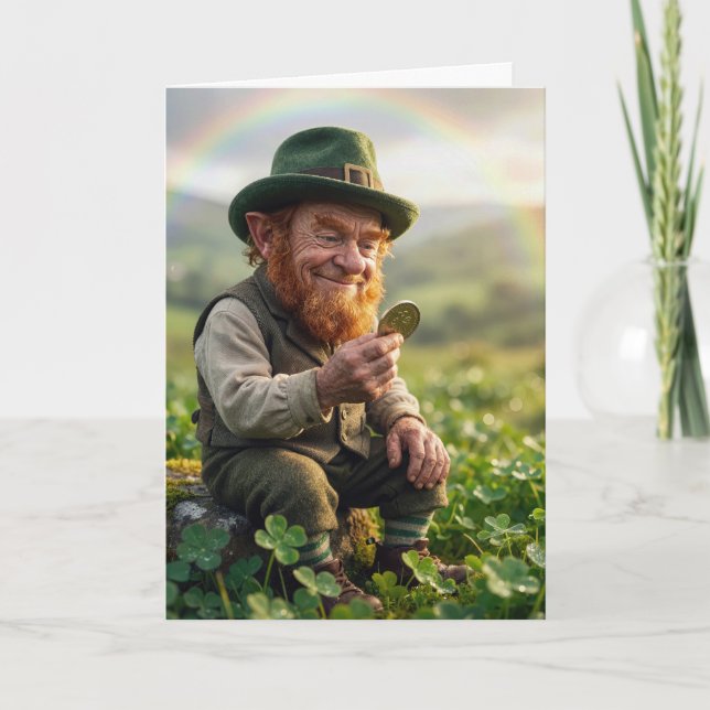 Irish Leprechaun Admiring a Gold Coin Card (Front)