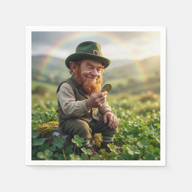 Irish Leprechaun Admiring a Gold Coin Napkins (Front)