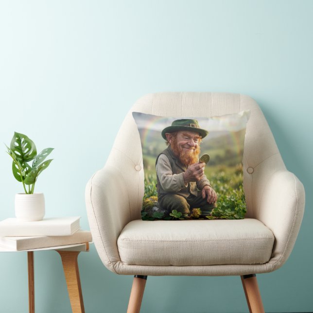 Irish Leprechaun Admiring a Gold Coin Throw Pillow (Chair)