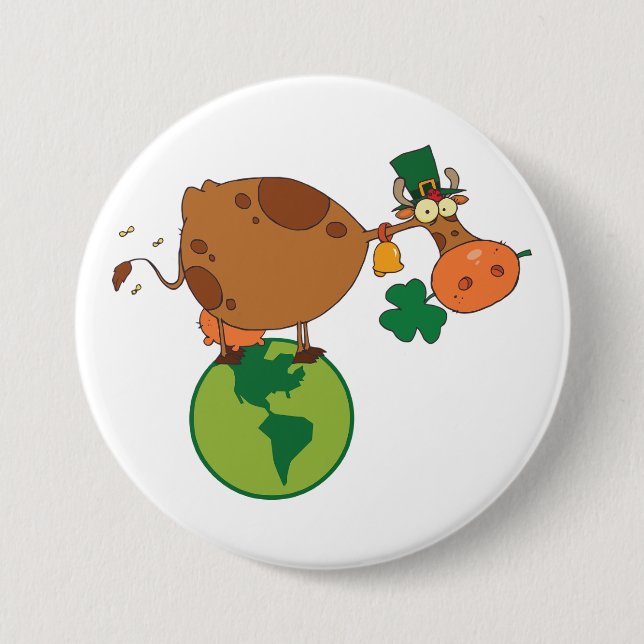 Irish Leprechaun Cow Standing on Planet Earth Button (Front)