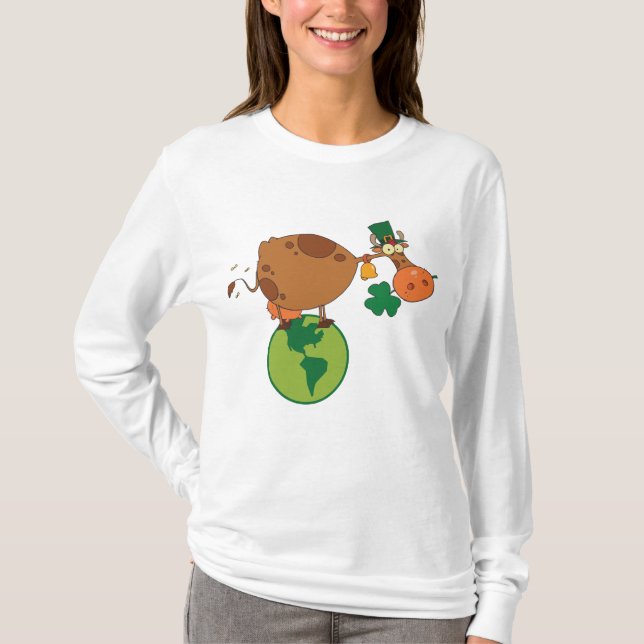 Irish Leprechaun Cow Standing on Planet Earth T-Shirt (Front)