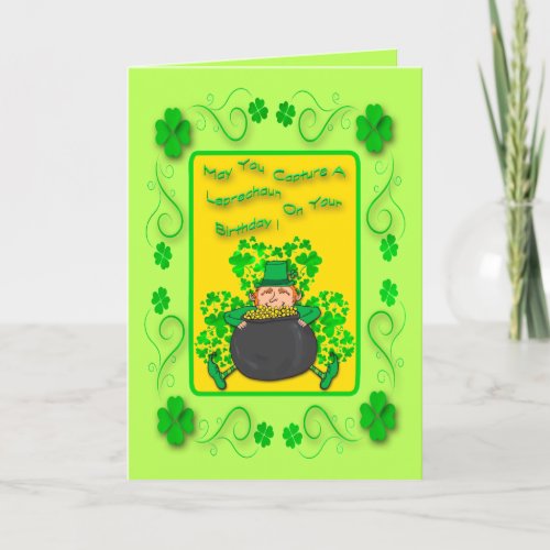 Irish Leprechaun Four Leaf Clover Pot of Gold Card