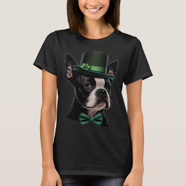Irish Leprechaun Hat Boston Terrier St Patrick s D T-Shirt (Front)