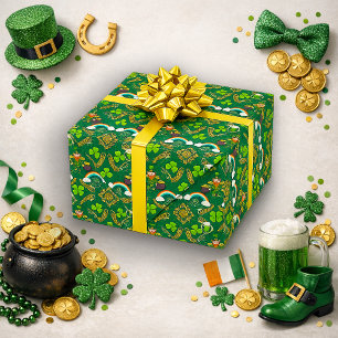 Irish Leprechaun Rainbow Green Celtic Pattern Wrapping Paper