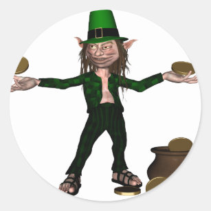 Irish Leprechaun with coins and a pot of gold Classic Round Sticker