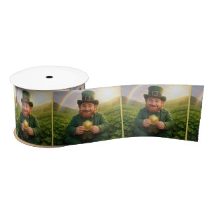 Irish Leprechaun With Gold Coin and Rainbow Satin Ribbon