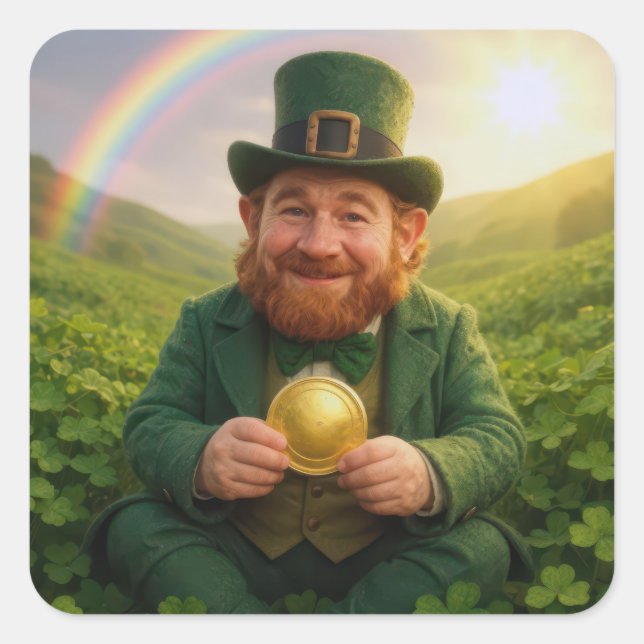 Irish Leprechaun With Gold Coin and Rainbow Square Sticker (Front)
