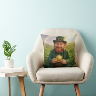 Irish Leprechaun With Gold Coin and Rainbow Throw Pillow