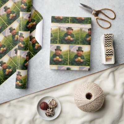 Irish Leprechaun With Gold Coin and Rainbow Wrapping Paper