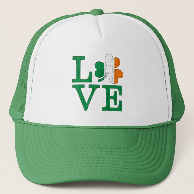 Irish Love Distressed Tricolor Shamrock St Paddy's Trucker Hat (Front)