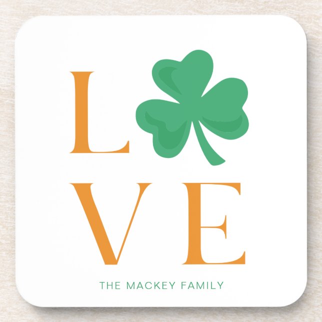 Irish Love Green and Orange Shamrock Family Beverage Coaster (Front)