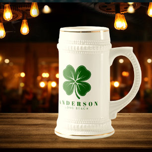 Irish Lucky Four Green Leaf Clover with Name Beer Stein
