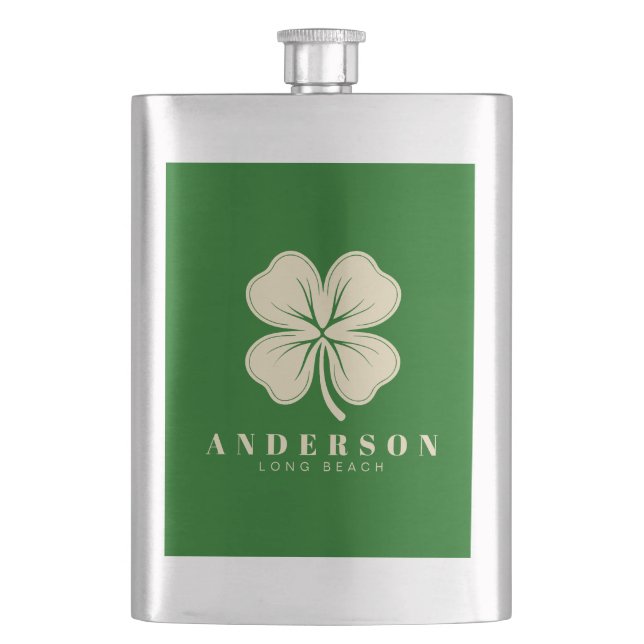 Irish Lucky Four Leaf Clover | Name Green Classic Flask (Front)