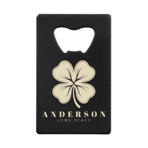 Irish Lucky Four Leaf Clover with Name Black Credit Card Bottle Opener