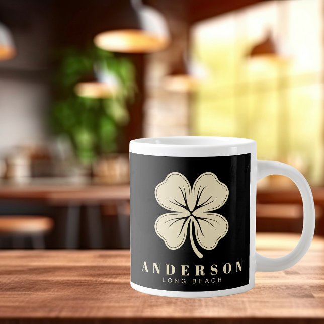 Irish Lucky Four Leaf Clover with Name Black Giant Coffee Mug (Creator Uploaded)