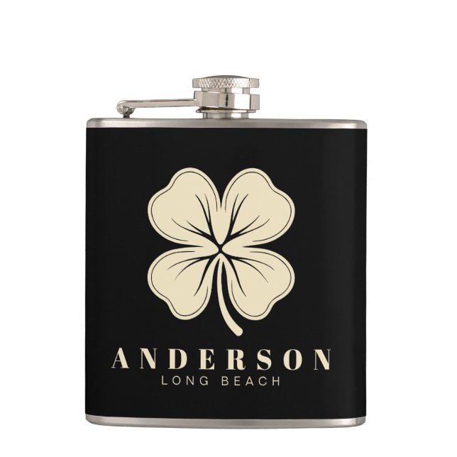 Irish Lucky Four Leaf Clover with Name Black Vinyl Flask (Front)