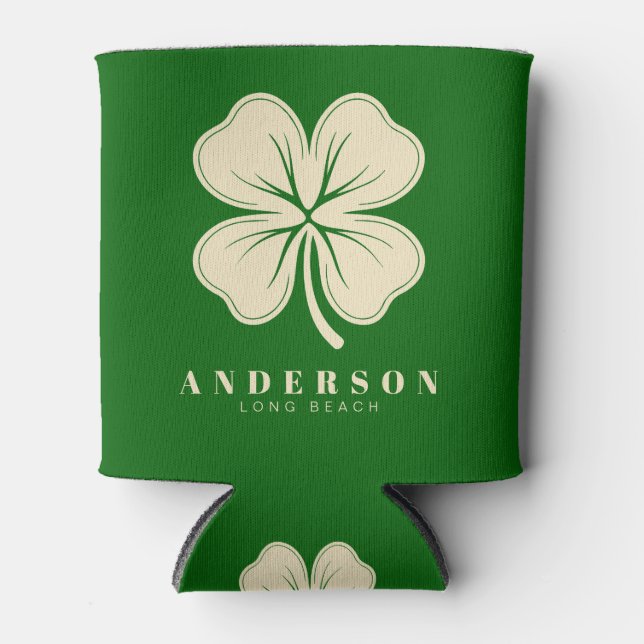 Irish Lucky Four Leaf Clover with Name Green Can Cooler (Front)