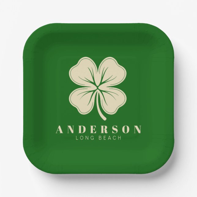 Irish Lucky Four Leaf Clover with Name Green Paper Plates (Front)