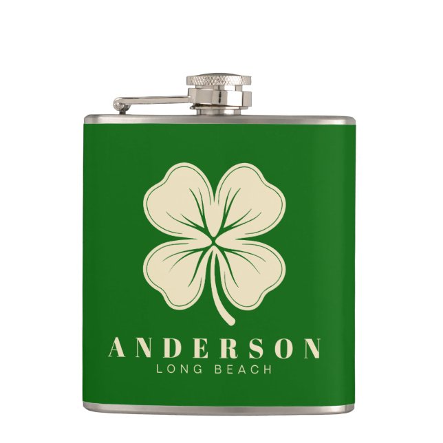 Irish Lucky Four Leaf Clover with Name Green Vinyl Flask (Front)