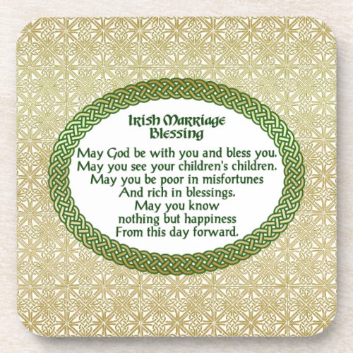 Irish Marriage Blessing Gold  Green Wedding Drink Coaster