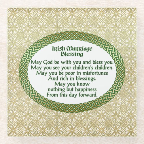 Irish Marriage Blessing Gold  Green Wedding Glass Coaster